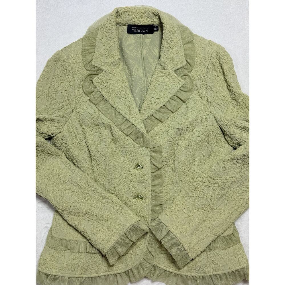 Rickie Freeman Teri Jon Sage Green Cloqué Ruffle Blazer Jacket Size 10 Romantic